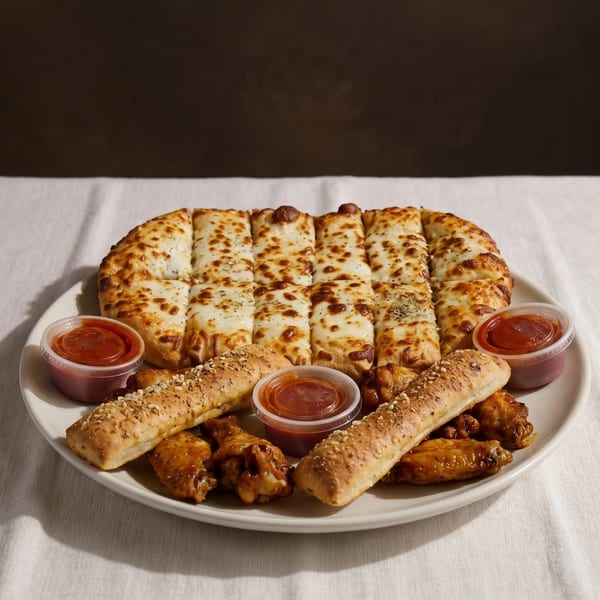 Cheesy breadsticks, chicken wings, and dipping sauces on a white plate.