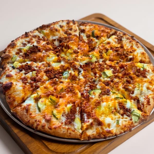 A whole pizza with melted cheese, crumbled sausage, and green peppers on a wooden board.