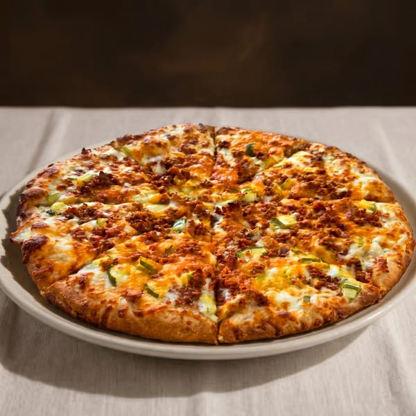 A whole pizza with ground meat, cheese, and green peppers on a light-colored tablecloth.