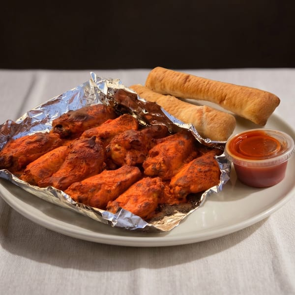 Spicy red chicken wings in foil with breadsticks and a side of dipping sauce on a white plate.