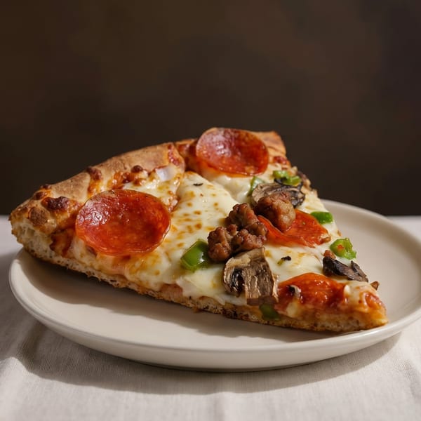 A slice of pizza with pepperoni, sausage, mushrooms, and green peppers on a white plate.