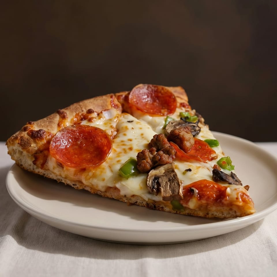 A slice of pizza with pepperoni, sausage, mushrooms, and green peppers on a white plate.